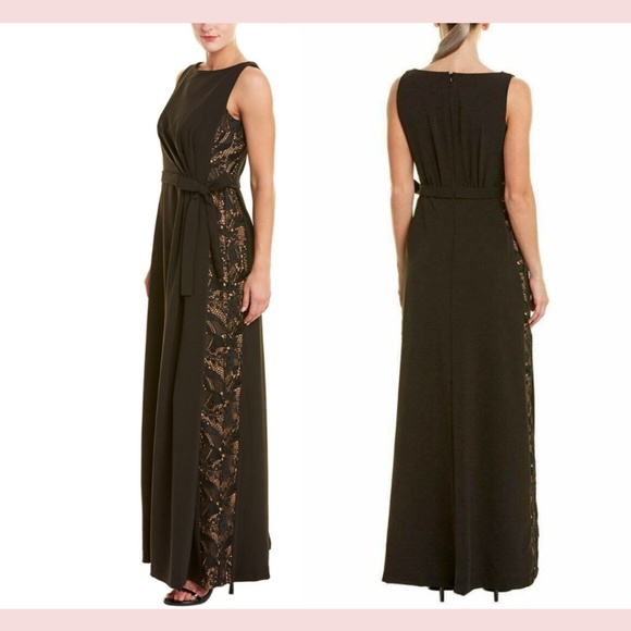 NWT $268 Kay Unger‎ [ 4 ] Belted Crepe Lace-Side Gown in Black Tan - Picture 1 of 15